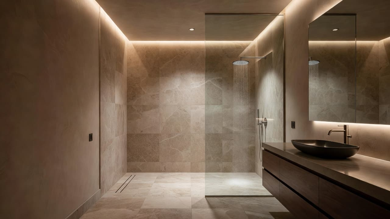 A modern luxury bathroom shower with limestone tiles and a glass door.