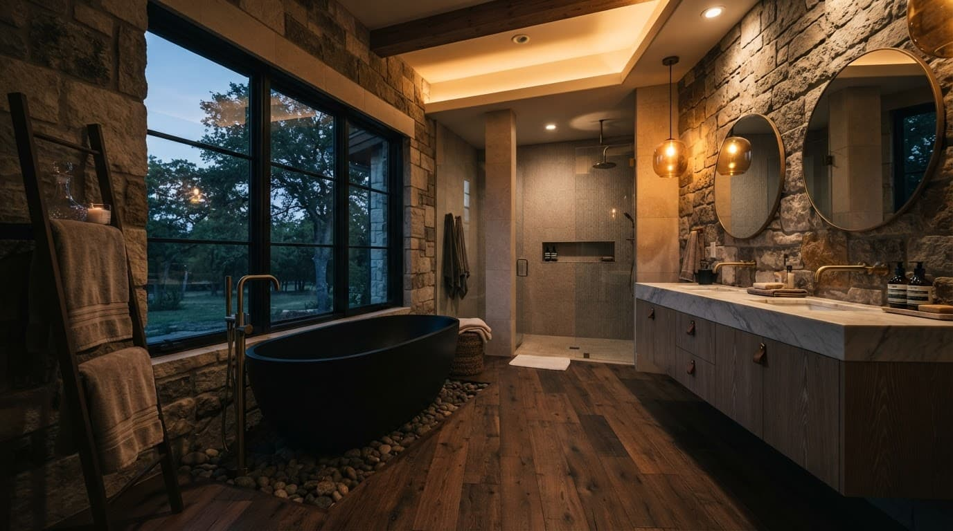 A freestanding soaking tub and custom wood vanity illuminated by warm recessed lighting.