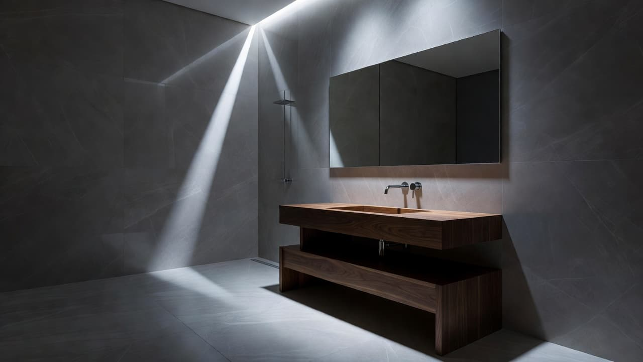 A sleek modern bathroom with a custom wood vanity and stone tiled walls.