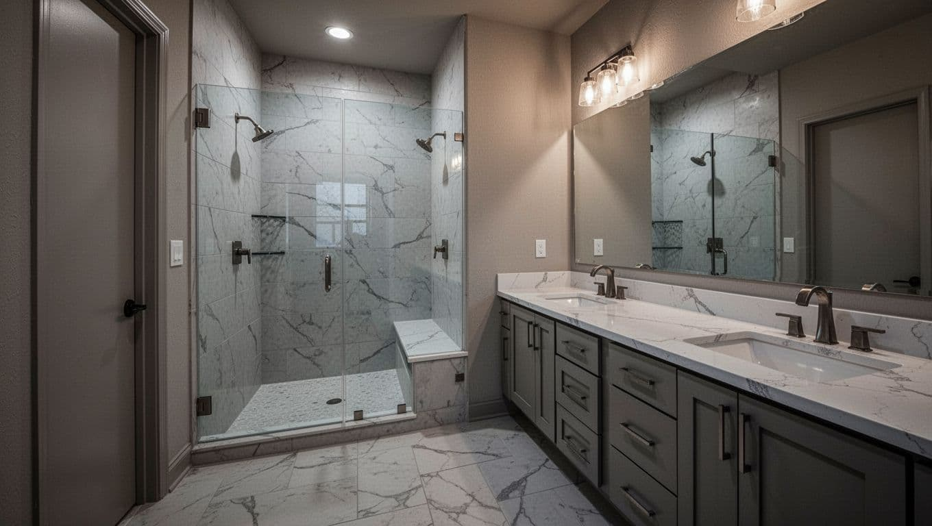 A sleek bathroom features large-format porcelain tiles and a frameless glass shower enclosure. A custom quartz-topped vanity stands against a neutral wall, illuminated by soft cinematic lighting creating deep aesthetic contrast.
