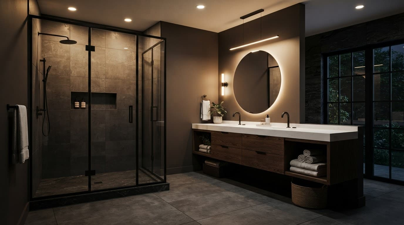 A modern bathroom features a wooden vanity, white quartz counters, and a large walk-in glass shower.