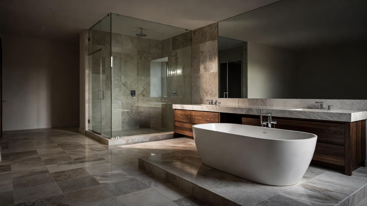 bathroom remodeling Southlake TX, A modern bathroom with a freestanding tub, glass shower, and stone tile floor.