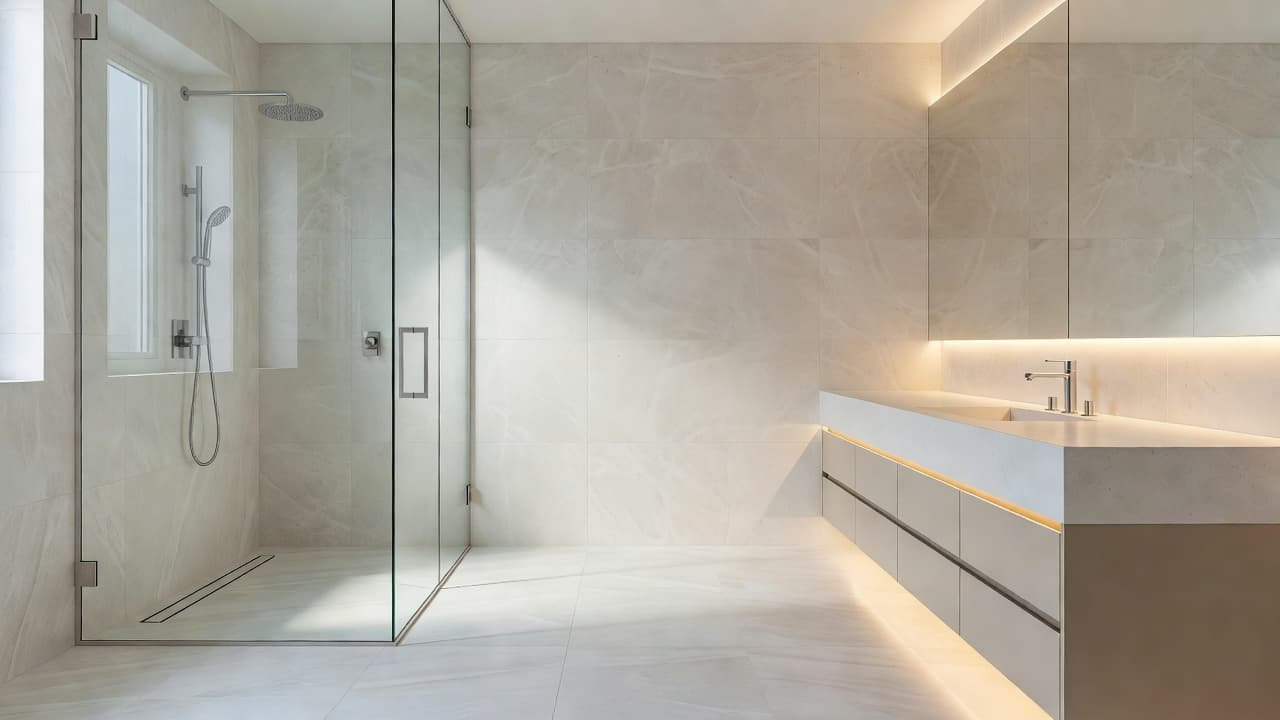A luxury bathroom interior featuring a glass shower, white vanity, and large porcelain floor tiles.