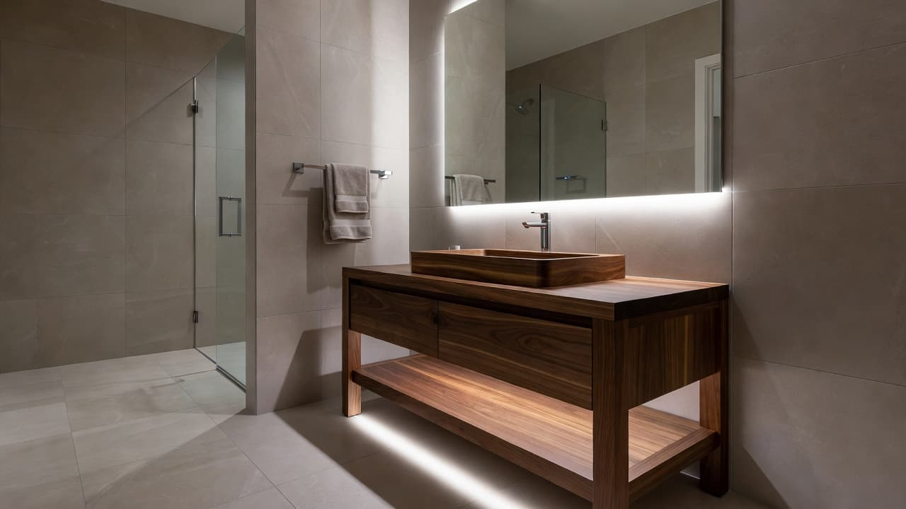 A modern wooden vanity and polished fixtures inside a bright neutral tile bathroom.