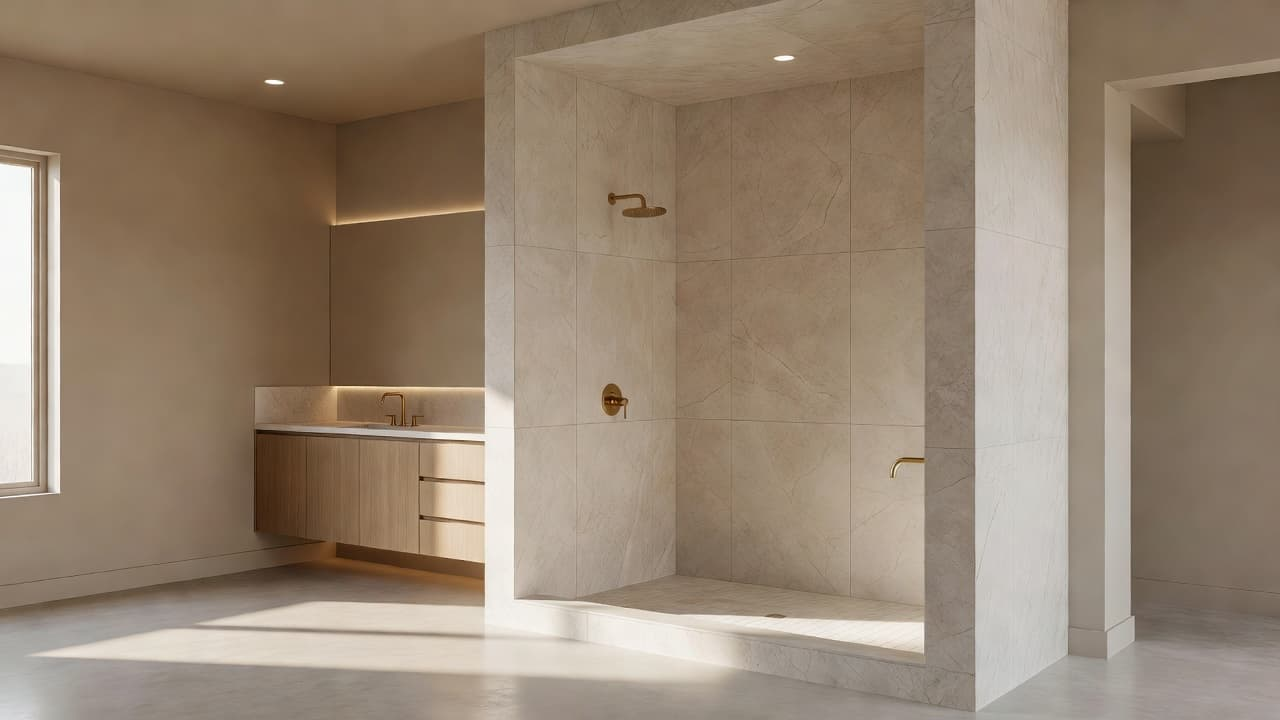 A modern bathroom with a glass walk-in shower, brass hardware, and bright natural light.