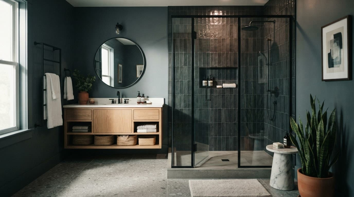 A modern walk-in tile shower with glass doors next to a wooden vanity in a remodeled bathroom.
