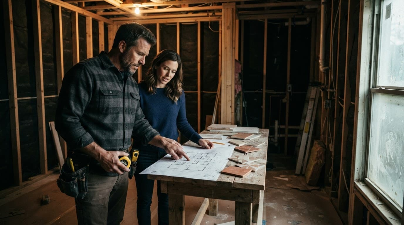 A contractor and homeowner review plans in an unfinished bathroom with tile samples nearby.