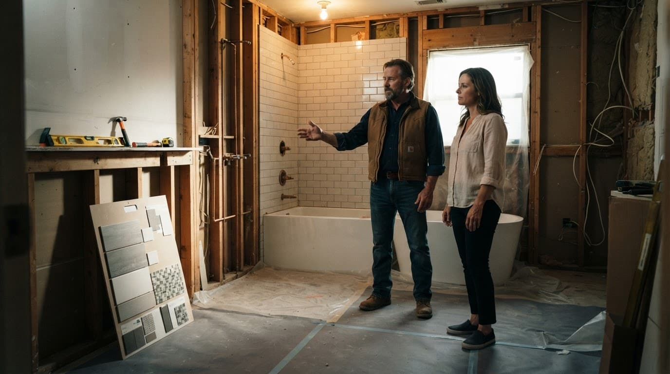 A contractor and homeowner review bathroom fixtures in an unfinished renovation space.
