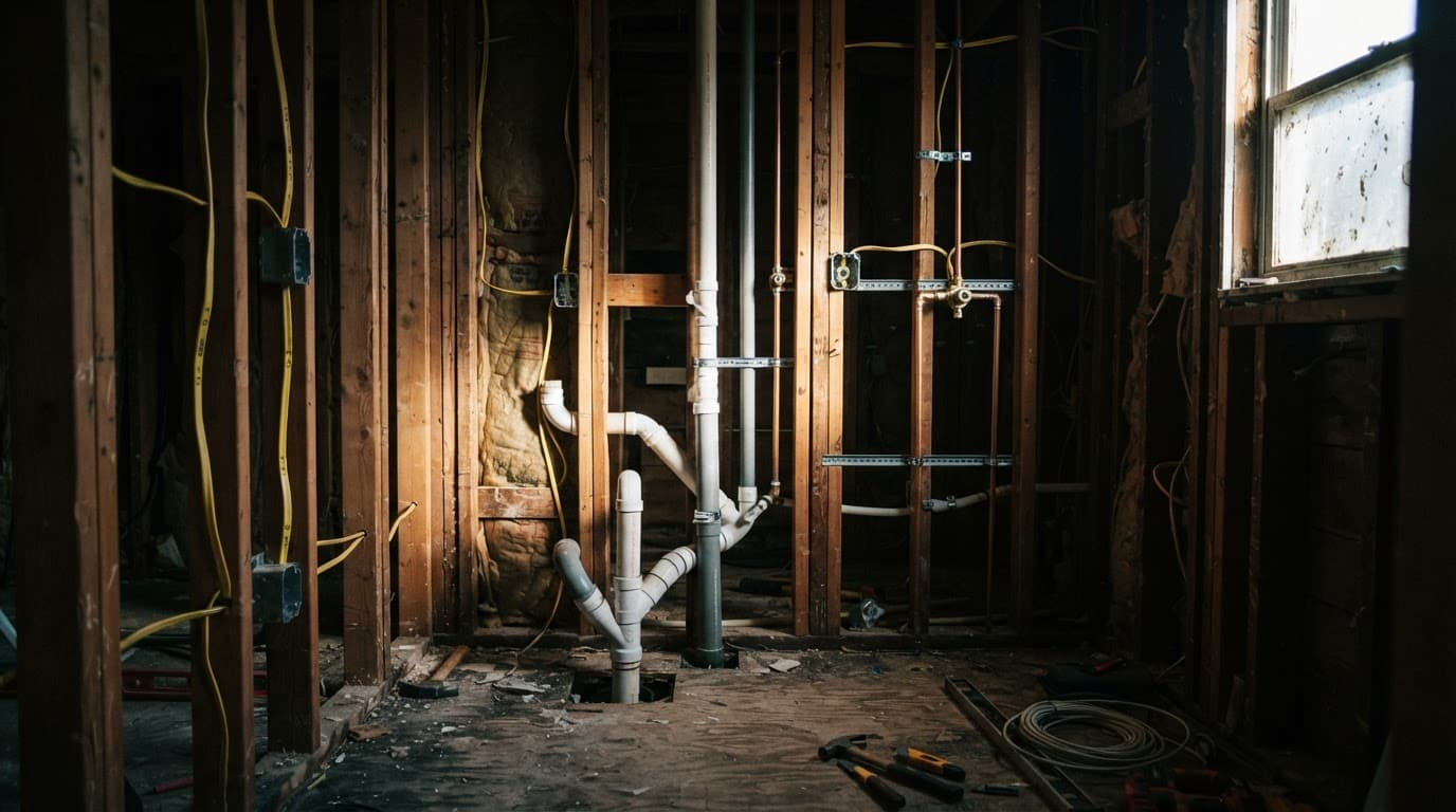 Bathroom walls show exposed studs, pipes, and electrical wiring during renovation.