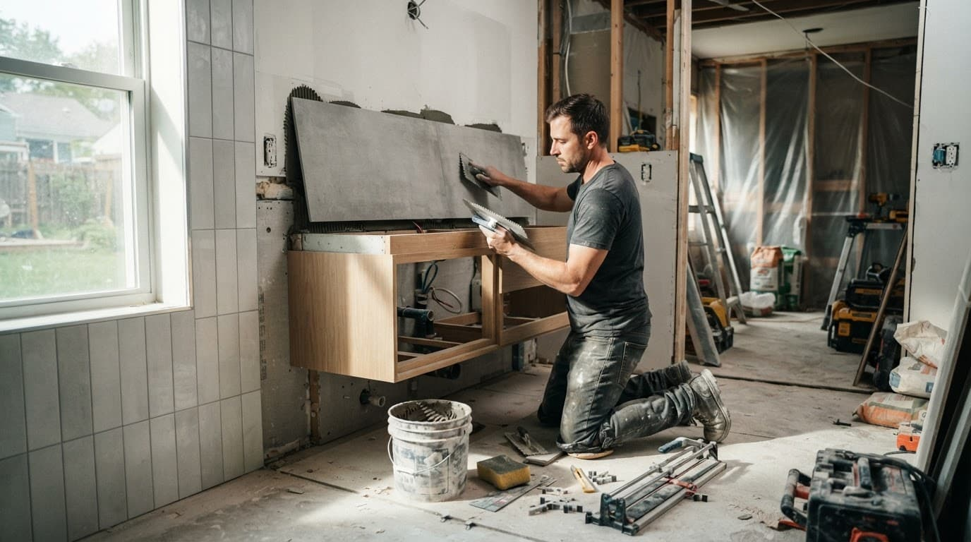 A worker installs bathroom tile beside an unfinished vanity in a bright room.