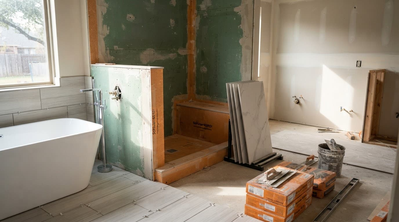 Open shower wall with waterproof backing, staged tiles, and a freestanding tub.