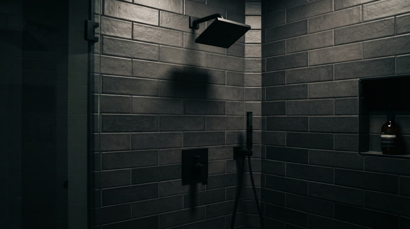 Ceramic shower tiles with sleek matte black fixtures in dramatic light.