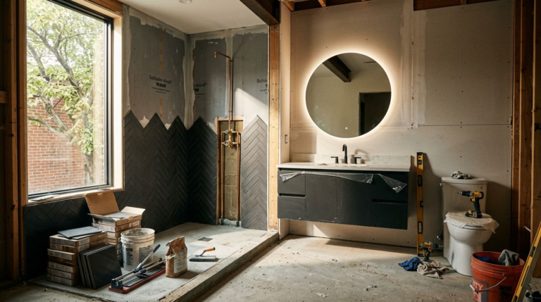 A bathroom under renovation with a tiled shower, exposed pipes, tiles, vanity parts, and tools.