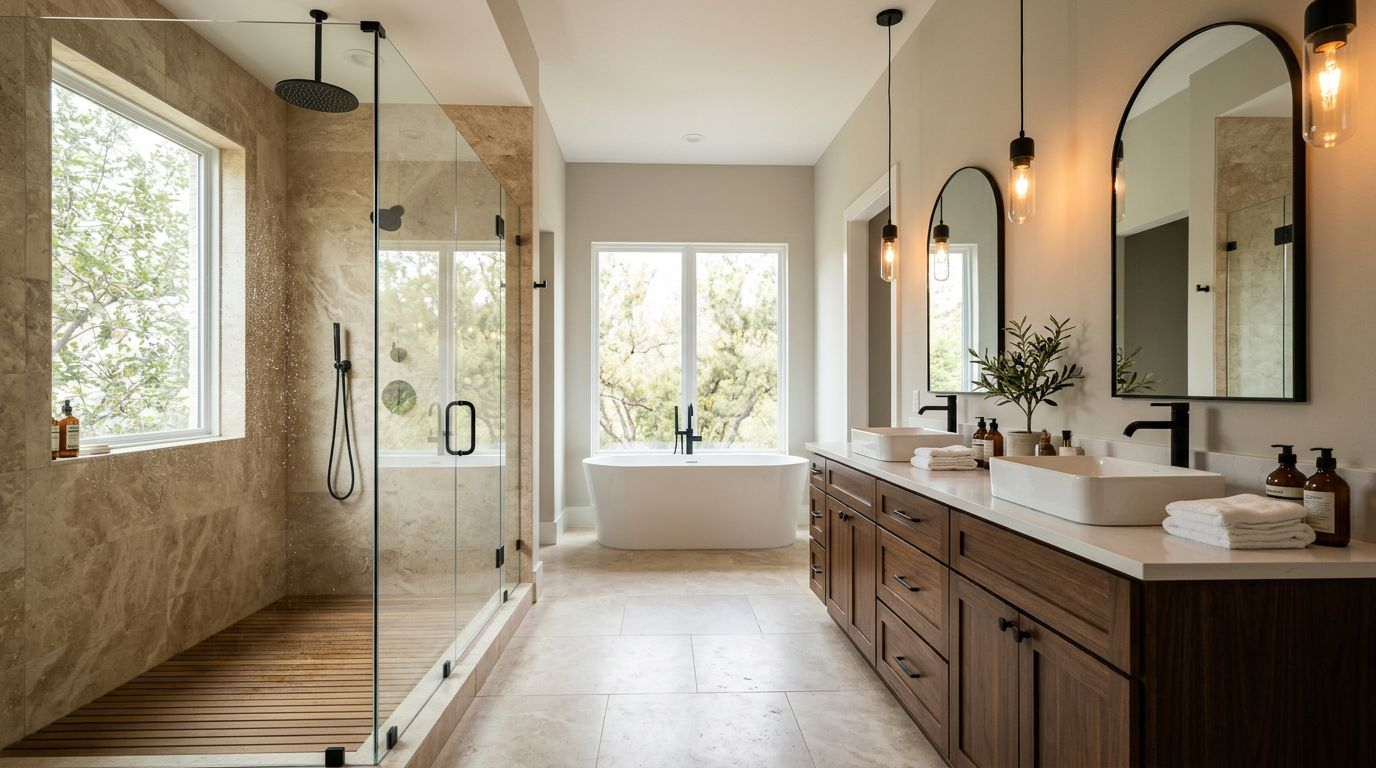 Modern bathroom with a glass shower, double vanity, stone tile, and black fixtures.