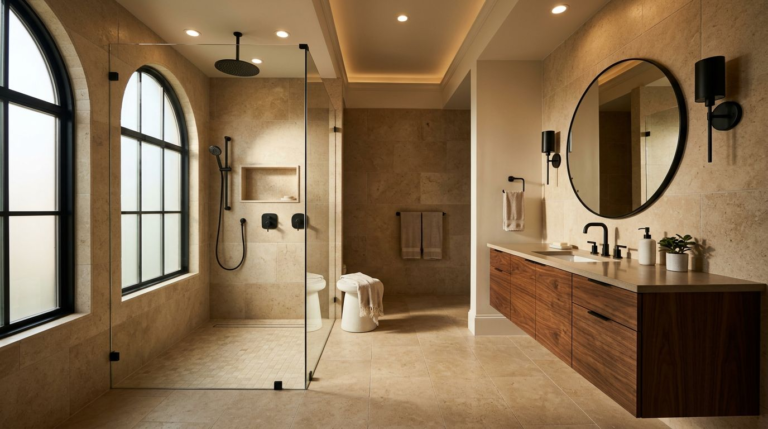 Modern bathroom with a glass shower, walnut vanity, black fixtures, and warm tile.