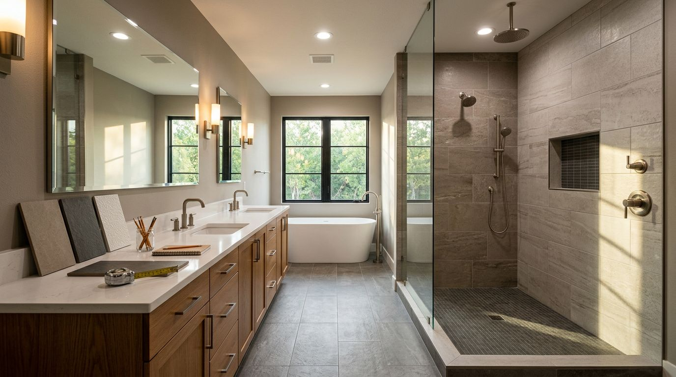 A remodeled bathroom with a walk-in shower, wood vanity, tile samples, and measuring tape.