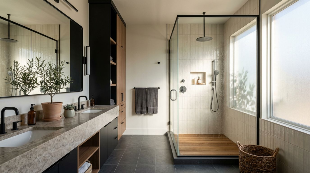Remodeled bathroom with a glass shower, stone vanity, black fixtures, storage, and soft sunlight.