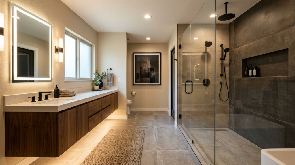 Modern bathroom with a glass shower, wood vanity, and matte black fixtures.