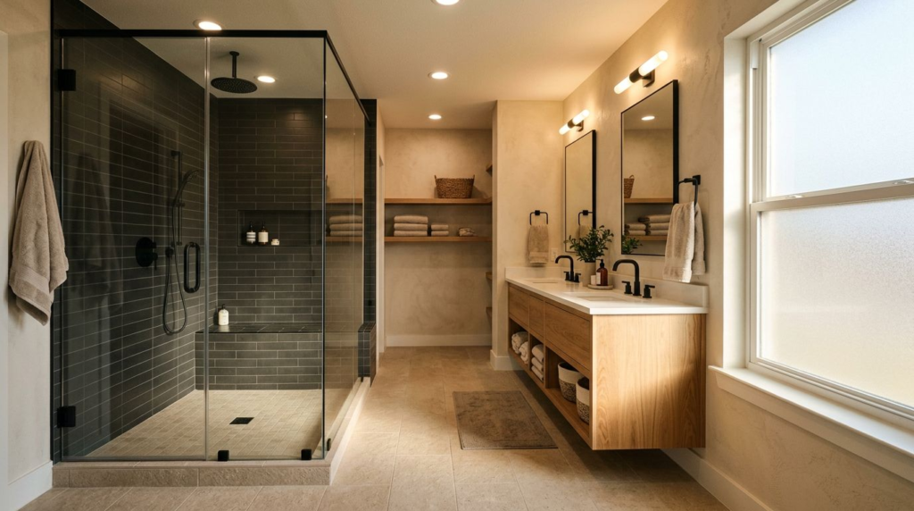 Walk-in shower and floating wood vanity in a warmly lit bathroom.