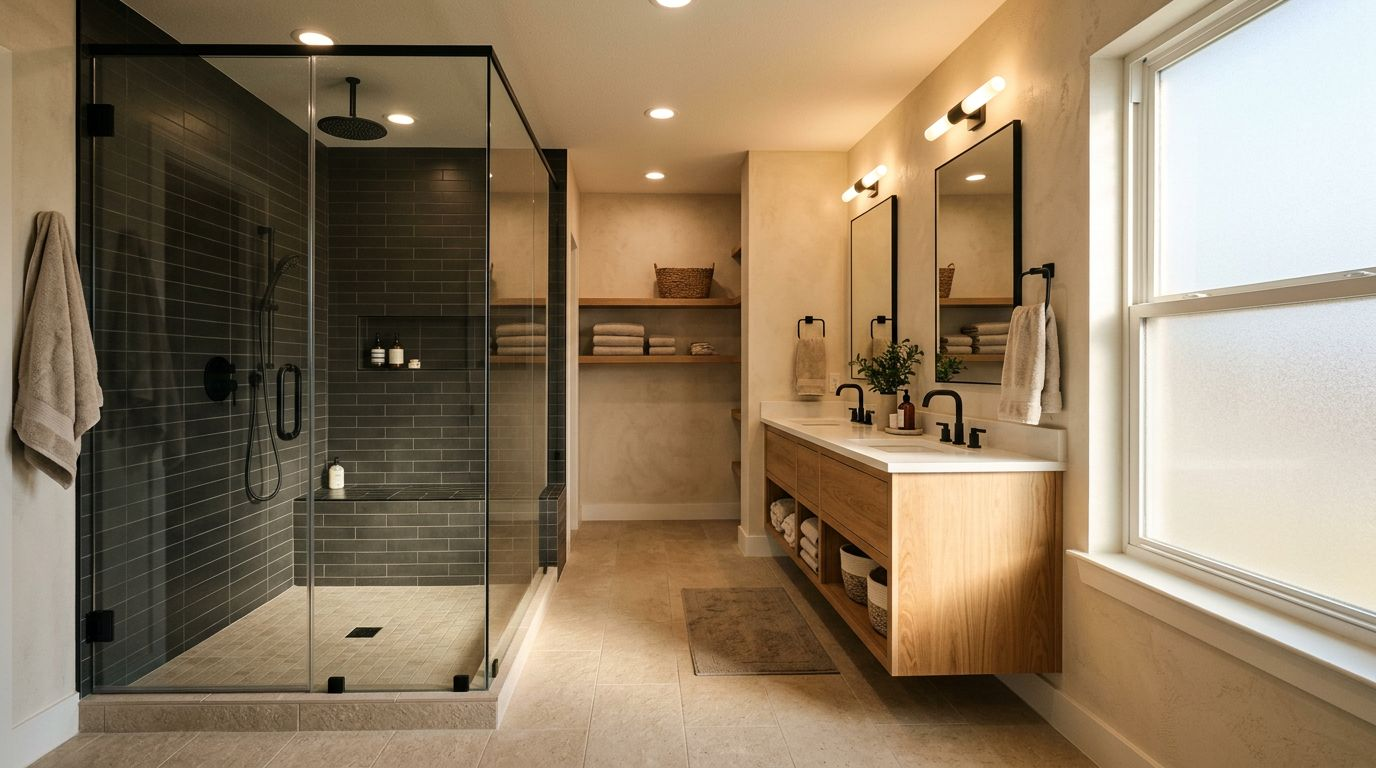 Walk-in shower and floating wood vanity in a warmly lit bathroom.