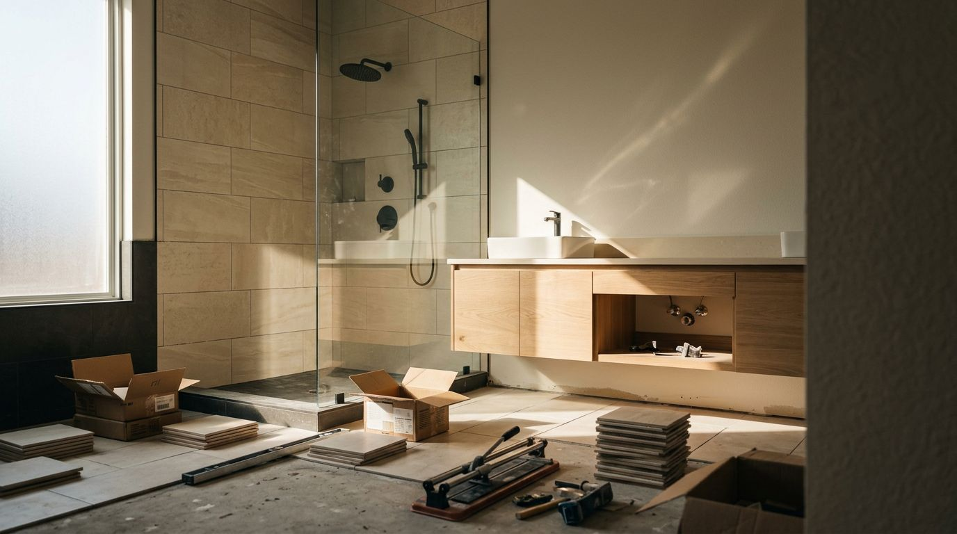 Modern bathroom with a glass shower, wood vanity, and renovation materials in sunlight.