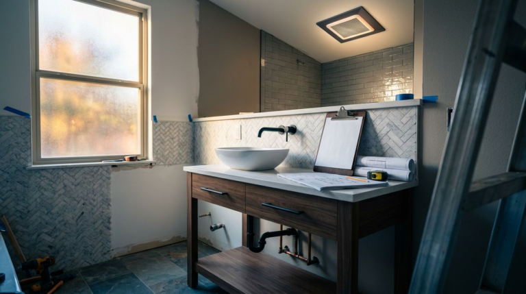 Partially remodeled bathroom with tile, vanity, exposed plumbing, exhaust fan, plans, and clipboard.