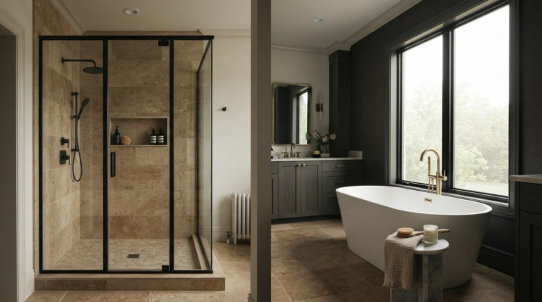 A glass shower and freestanding tub showcase two bathroom renovation options.