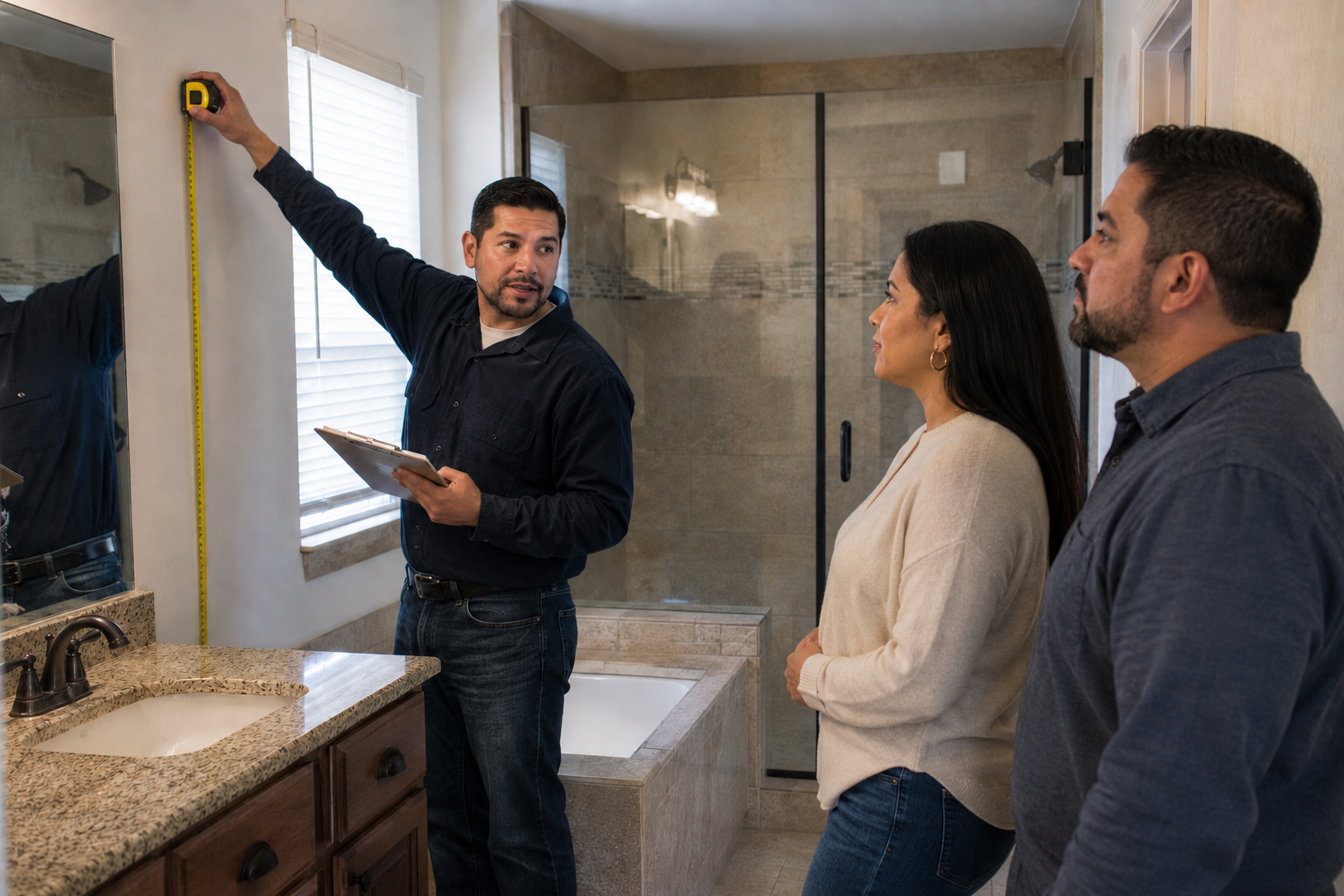 Hispanic homeowners planning Denton TX Bathroom Remodeling with an in-home contractor