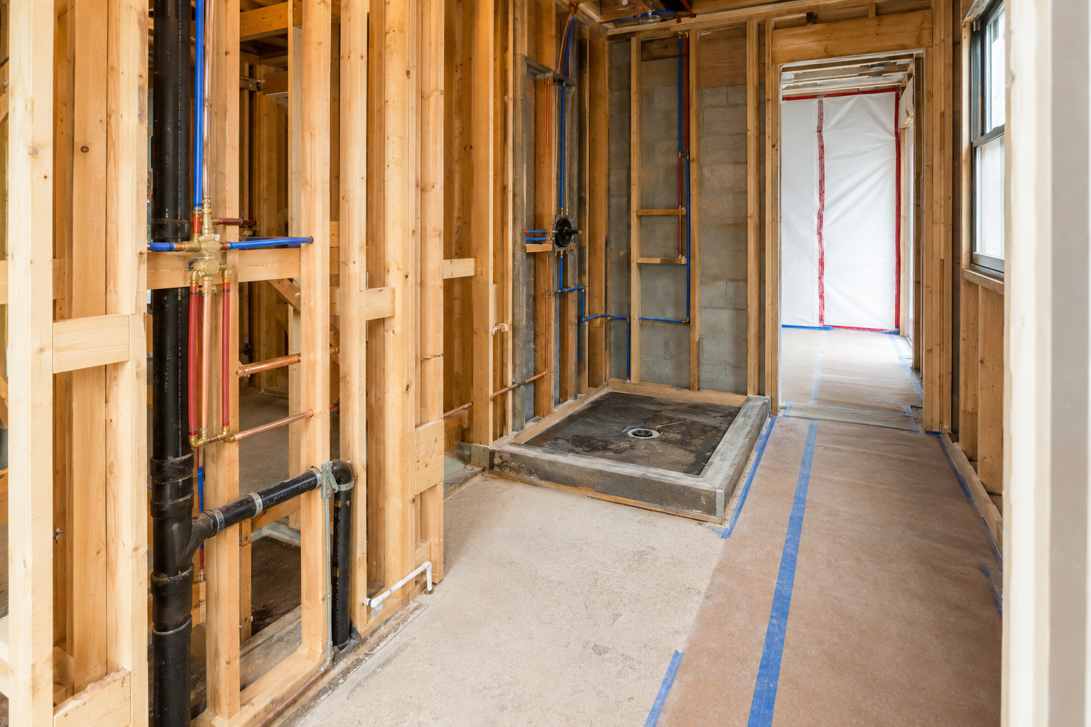 Bathroom framing and plumbing rough-in during a Denton Texas bathroom remodel
