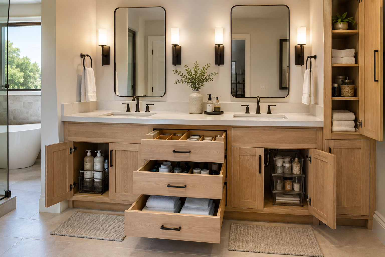 Organized double vanity storage for Denton TX Bathroom Remodeling