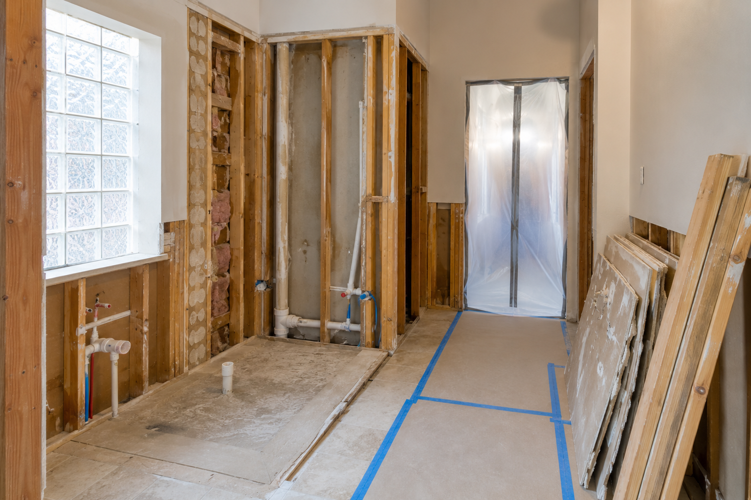 Protected tear-out stage during a full Denton bathroom remodel