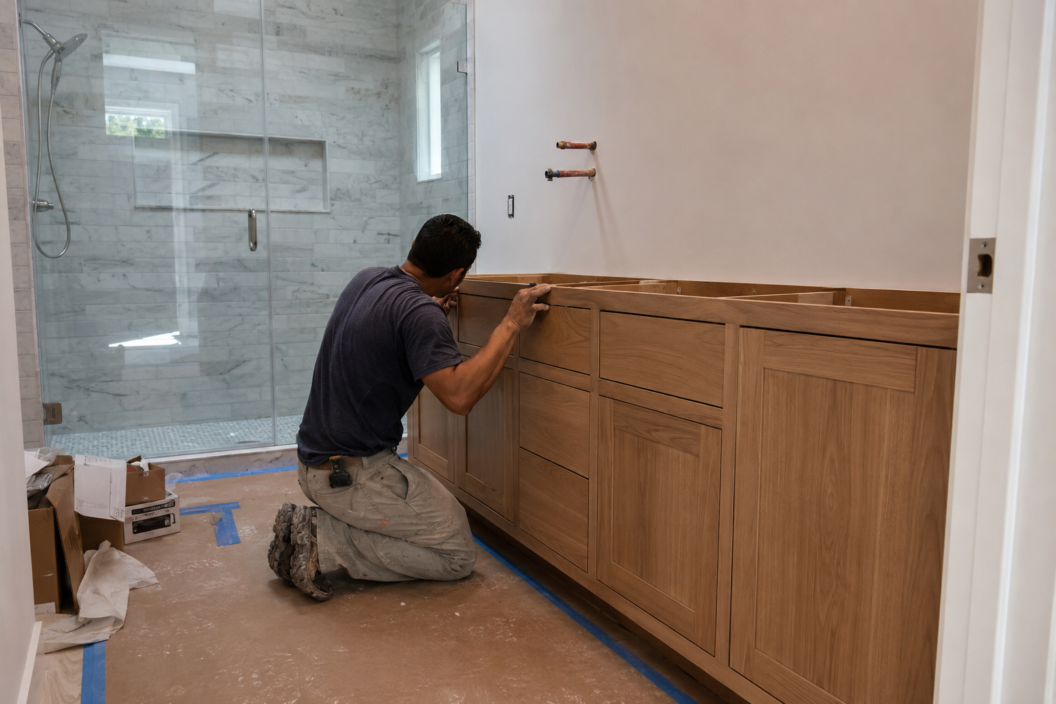 Double vanity installation during a complete Denton bathroom remodel