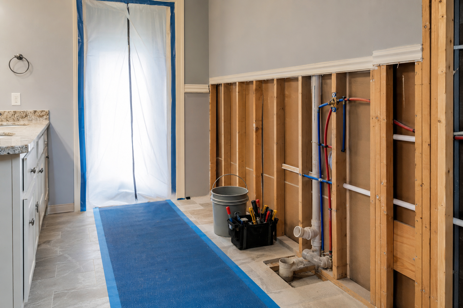 Bathroom wall and plumbing rough-in during a Frisco TX bathroom remodel