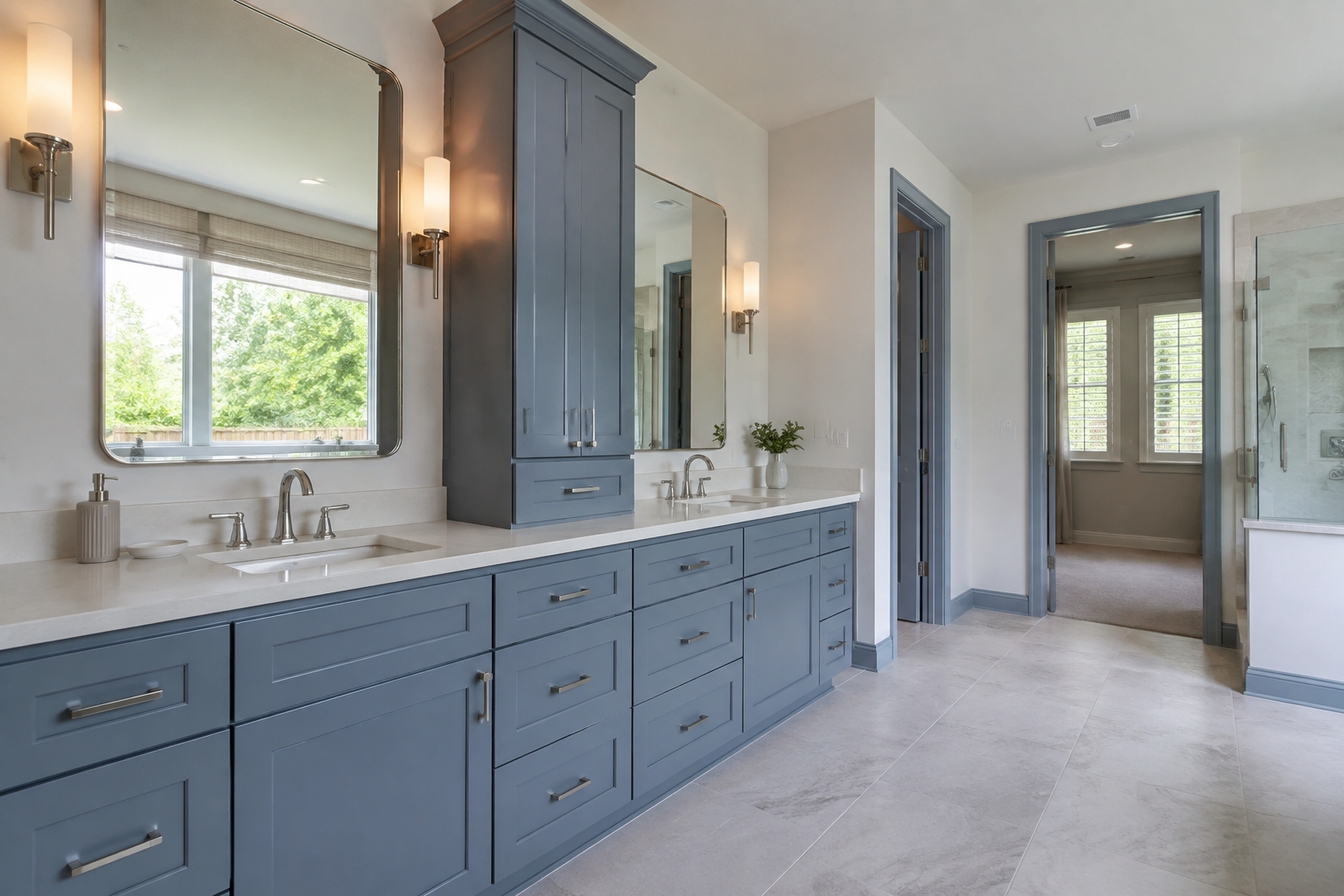 Blue-gray vanity and practical storage for Bathroom Remodeling Frisco TX
