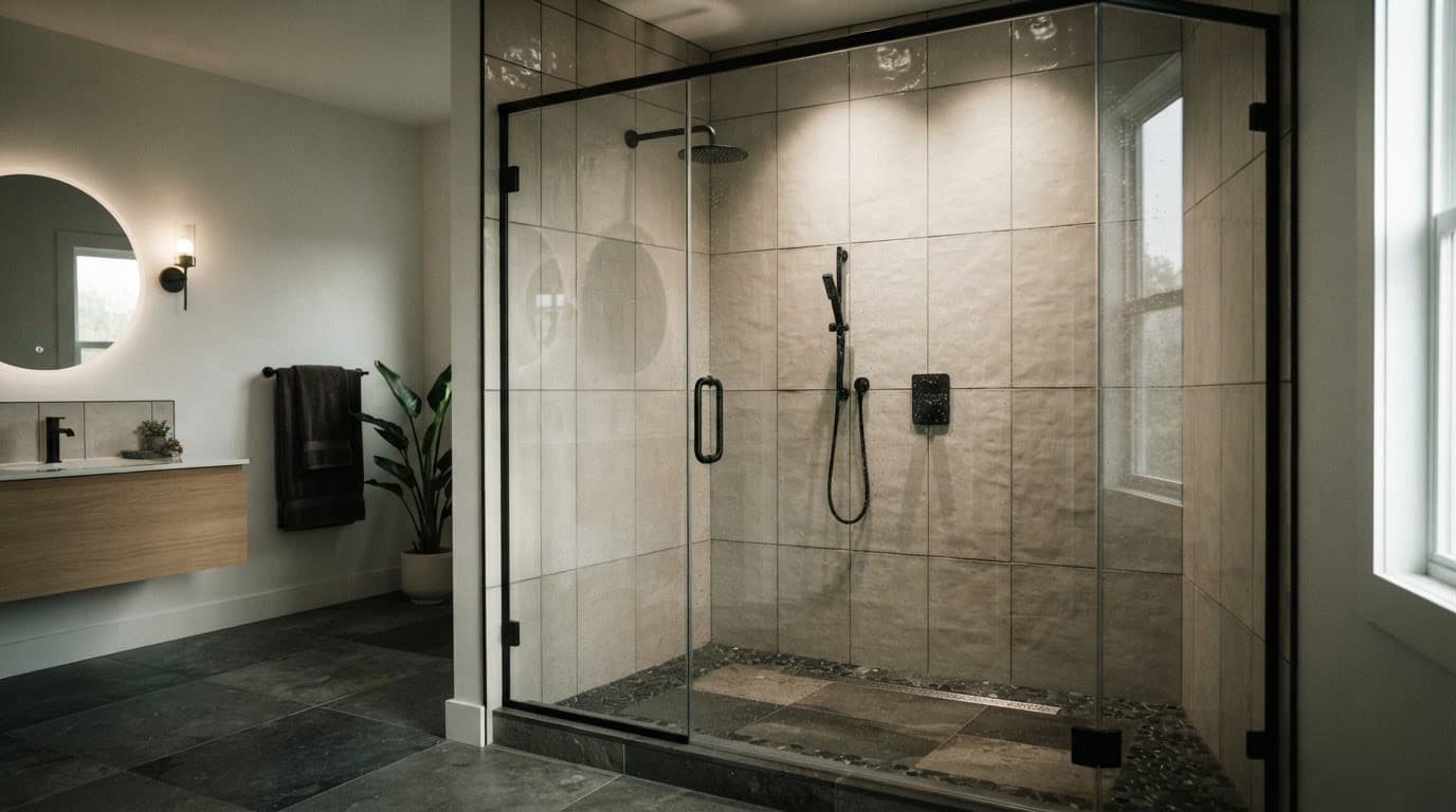 A glass walk-in shower with chrome fixtures and neutral tile walls.
