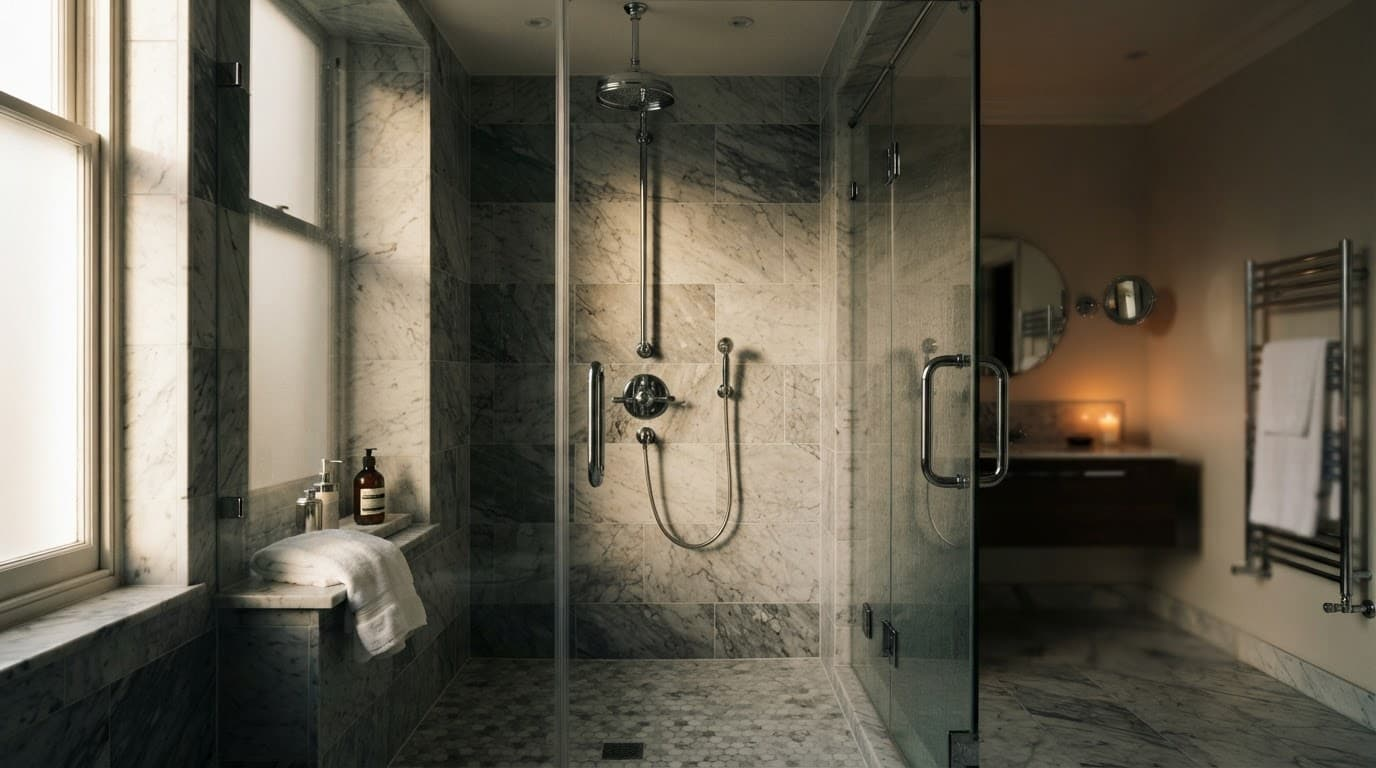 Luxury walk-in shower with glass doors, chrome fixtures, and patterned tile walls.