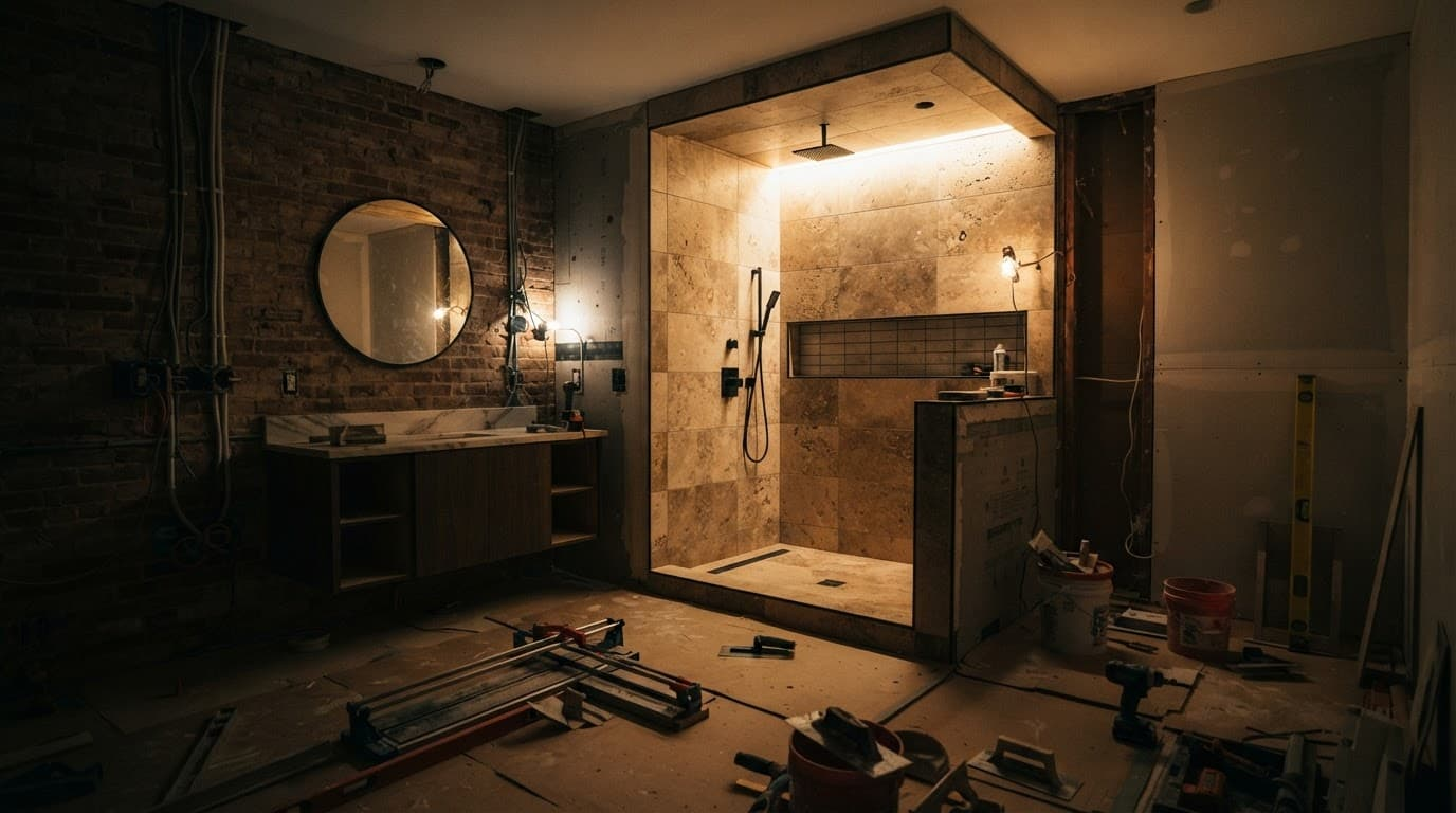 Luxury bathroom under renovation with a custom tile shower and warm lighting.