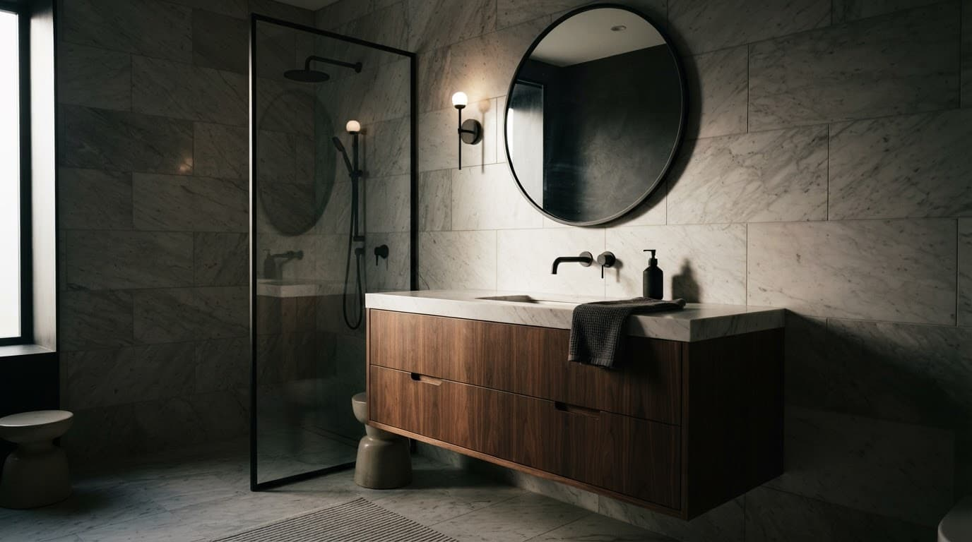 Modern bathroom with a wood vanity, marble tiles, and matte black fixtures.