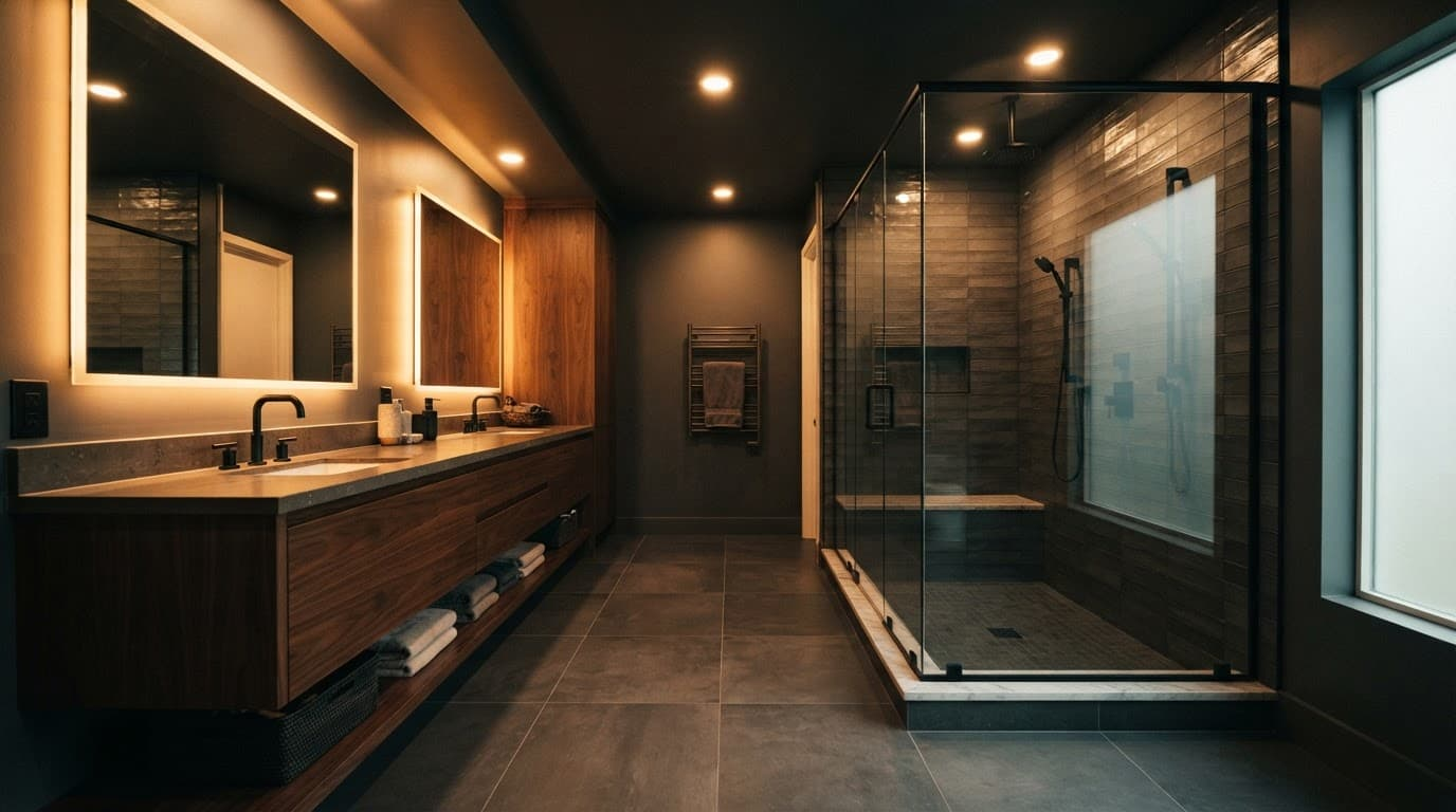 Modern bathroom with a glass shower, double wood vanity, and warm recessed lights.