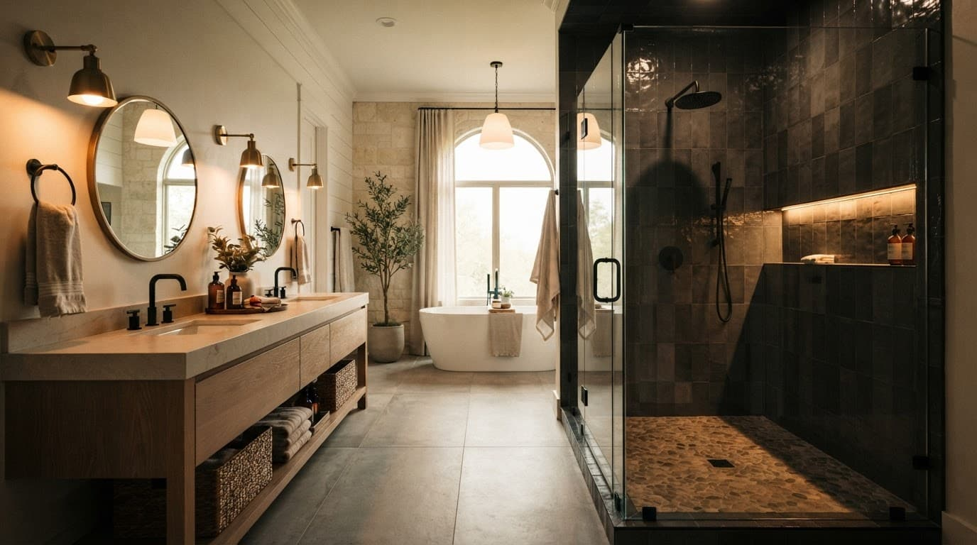 Modern bathroom with a tiled walk-in shower, wood vanity, and warm lighting.