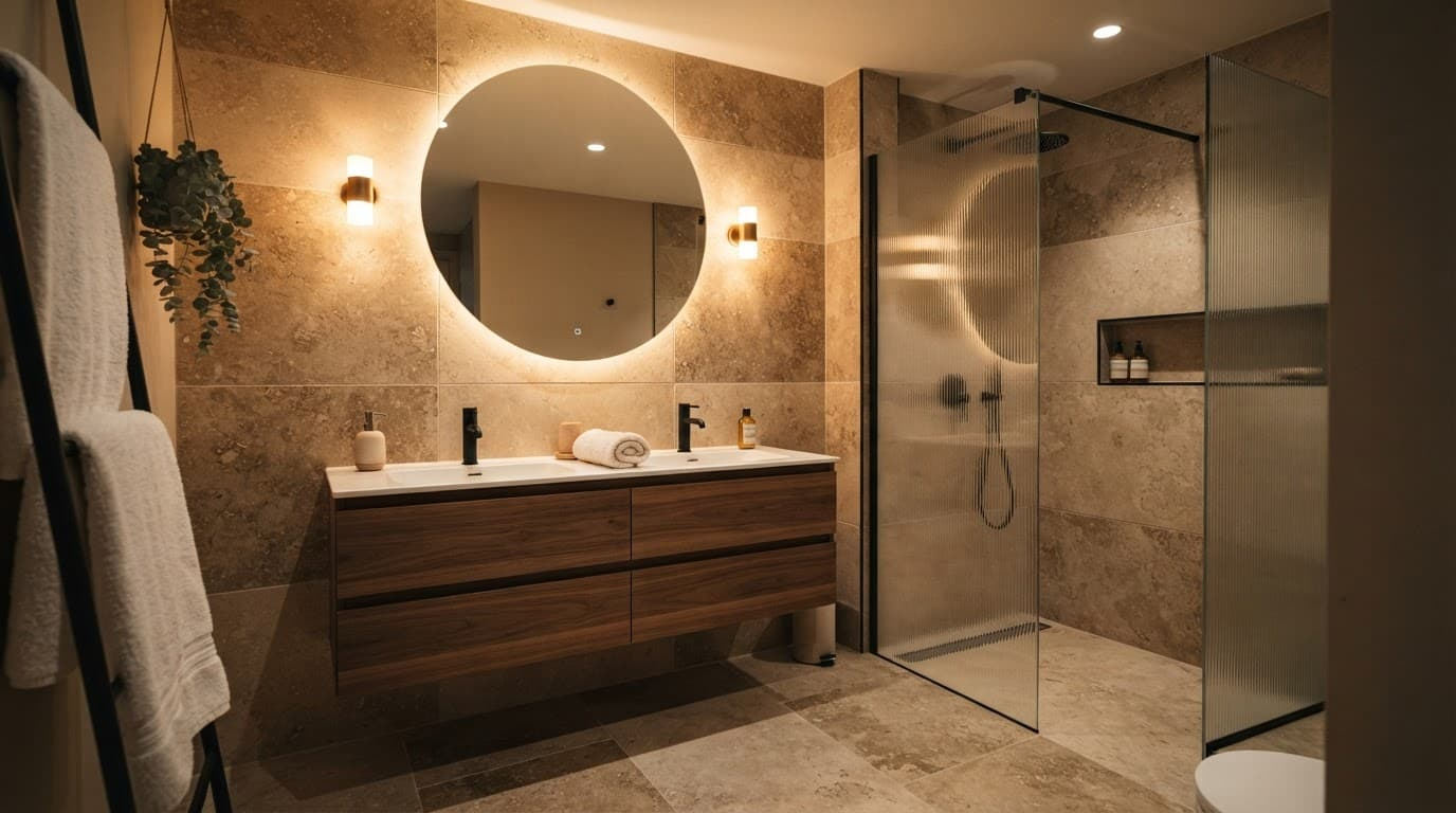 Modern bathroom with neutral stone tiles, a wooden vanity, and warm lighting.