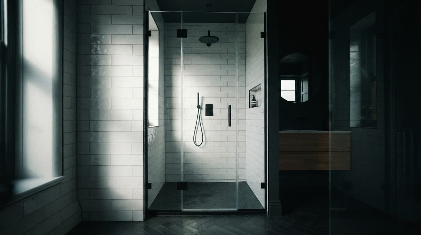 Bright walk-in shower with frameless glass, tiled walls, and a rainfall showerhead.