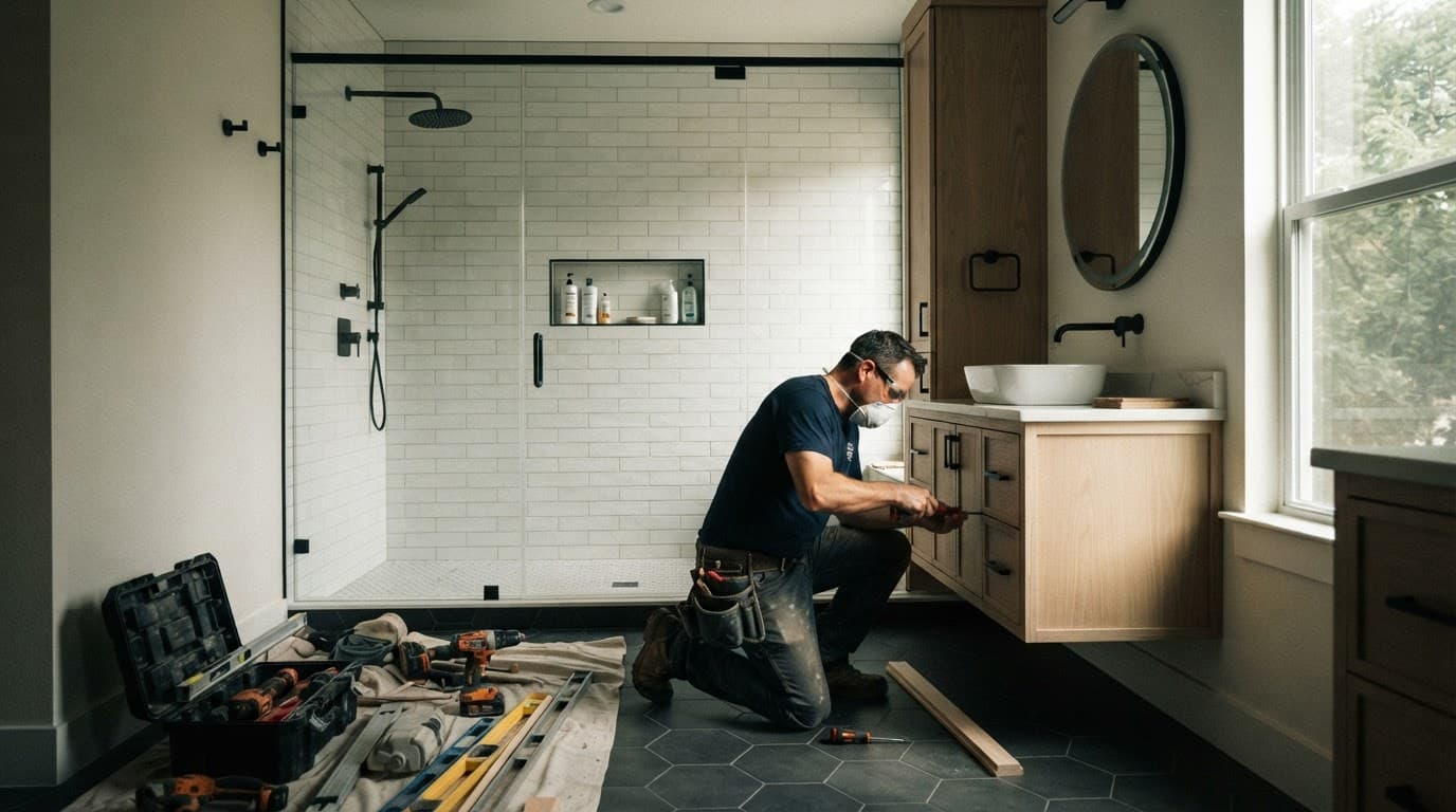 A professional stands beside a modern walk-in shower and custom bathroom vanity.