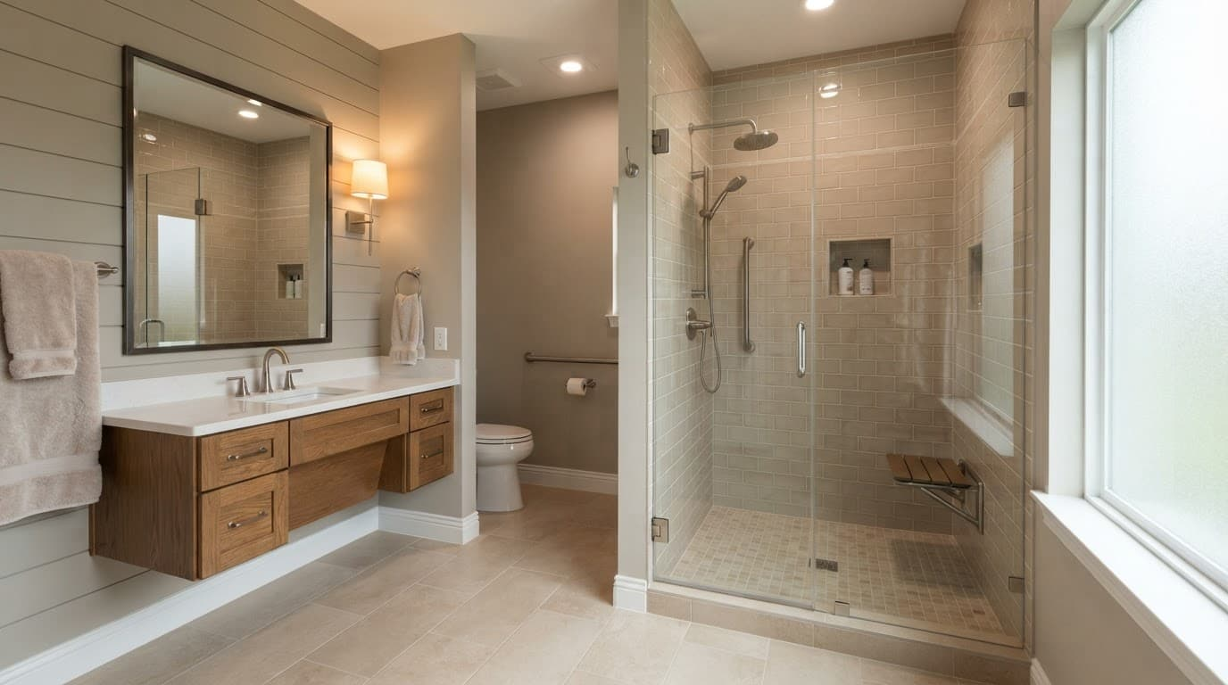 A warm bathroom with a glass shower, wood vanity, and nickel fixtures.