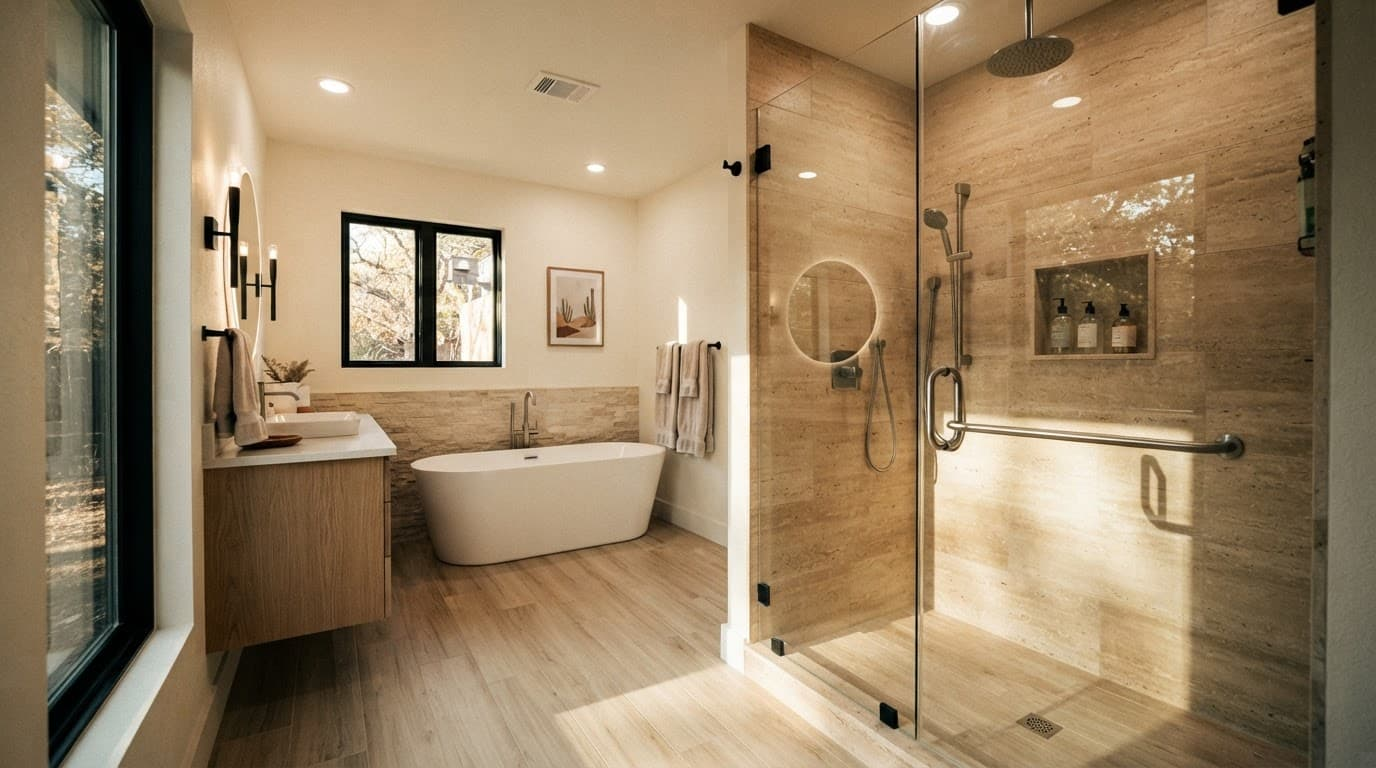 Curbless glass shower with warm tile and a freestanding tub in the background.