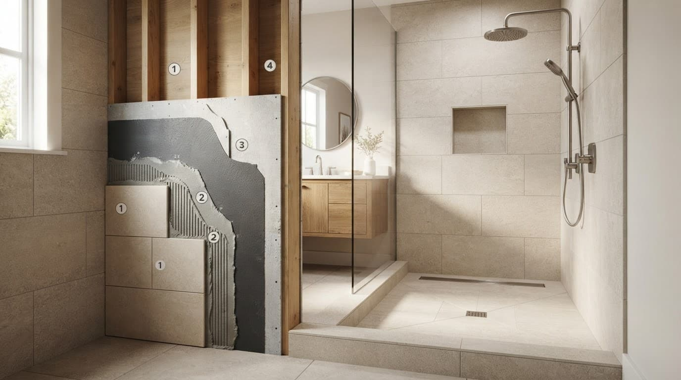 Shower waterproofing cutaway showing wall preparation and waterproofing layers